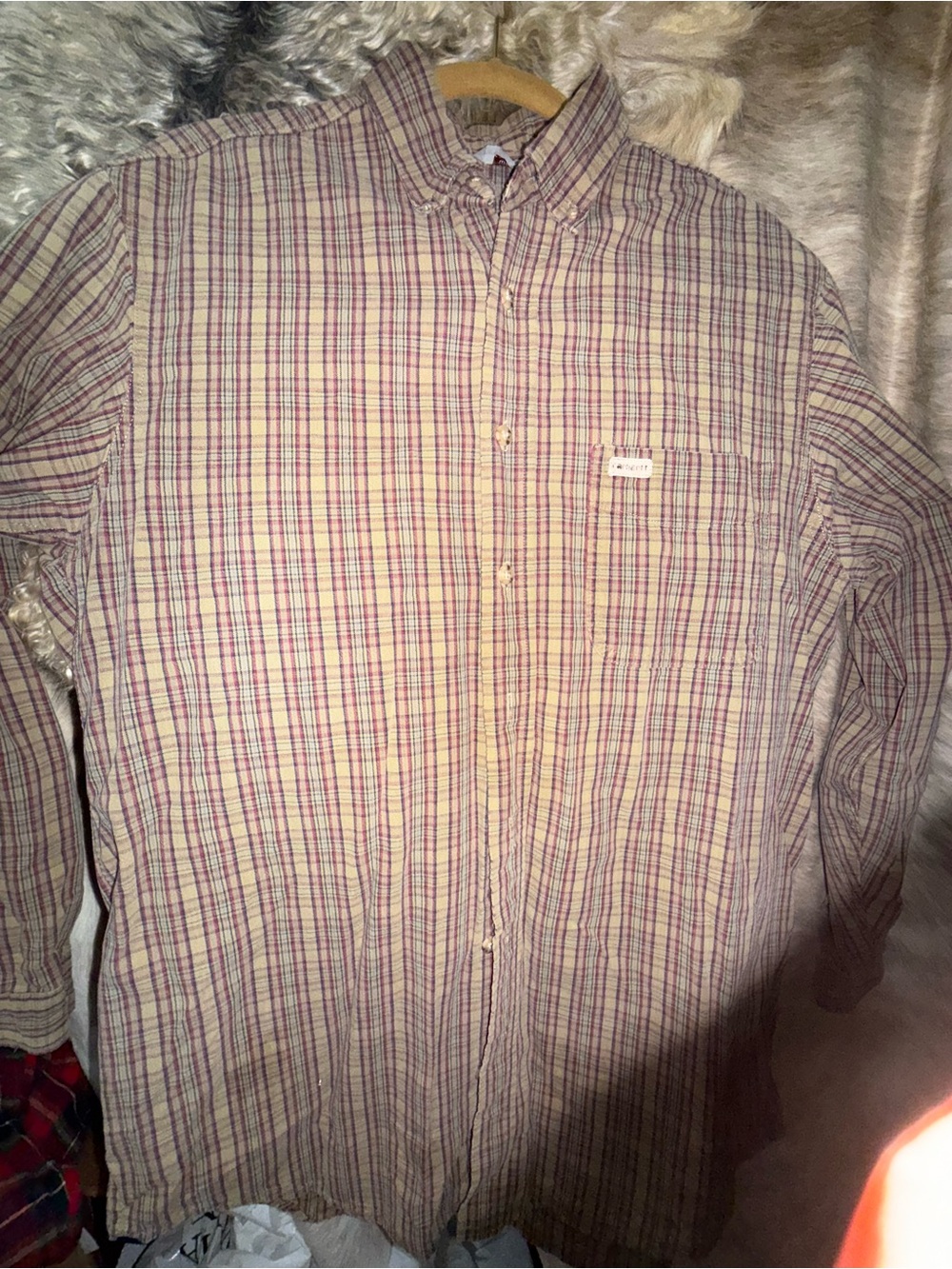 Carhartt Rugged Outdoor Wear Men’s Plaid Button Down Shirt Vintage Tan Red
